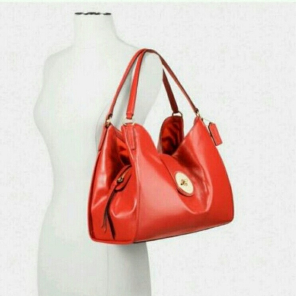 Coach Carlyle Large Handbag Luxe Smooth Leather Carmine Color Double Handles NWT - Picture 3 of 11
